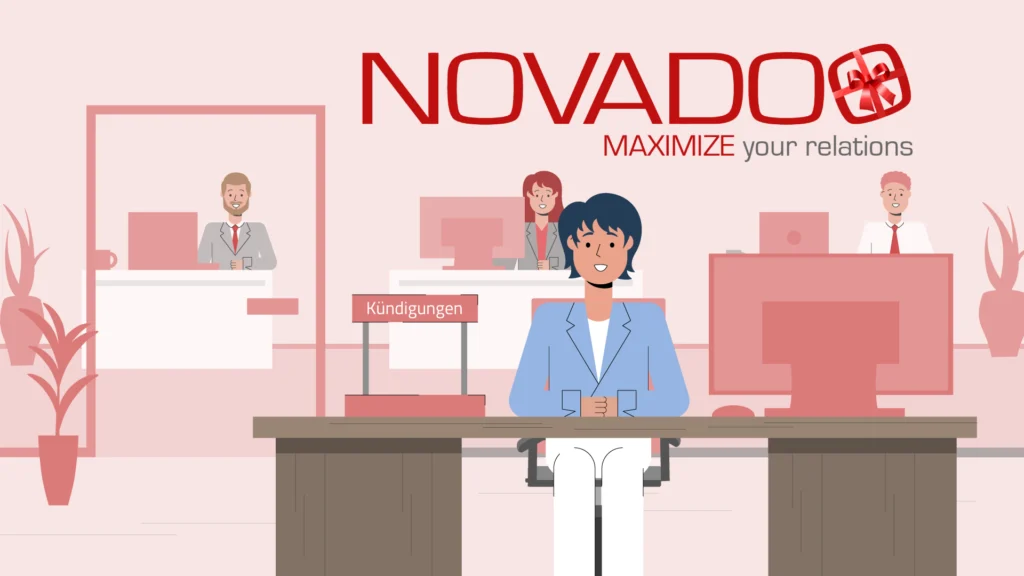 Illustration eines modernen Büros mit mehreren Mitarbeitenden, darüber der prägnante Schriftzug ‚NOVADO – MAXIMIZE your relations‘
