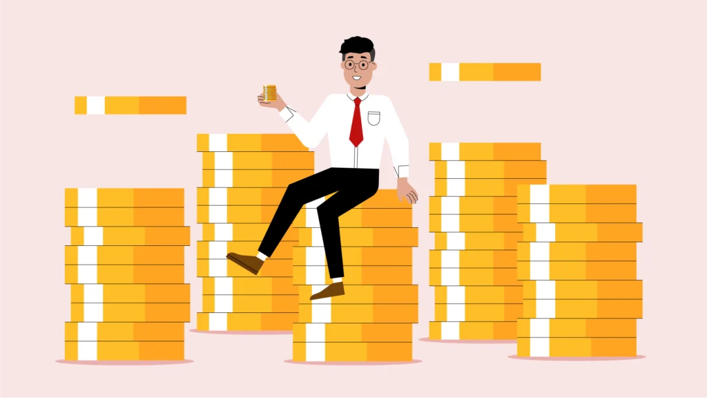 Illustration eines Geschäftsmannes mit roter Krawatte, der auf einem Stapel von Münzen sitzt.