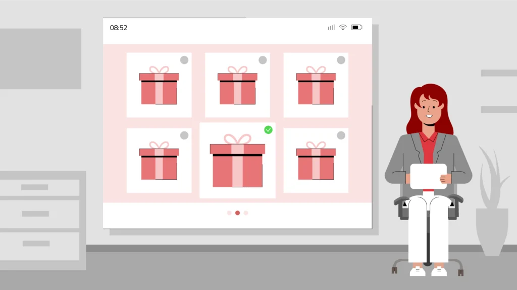 Illustration einer Frau mit Tablet vor einer großen Auswahl an Geschenkboxen.