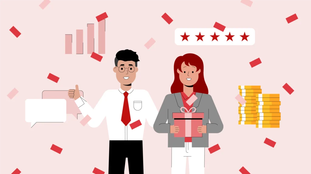 Illustration eines Geschäftsführers und seiner Mitarbeiterin mit Geschenken, Geldstapeln, Sternbewertungen und Konfetti.