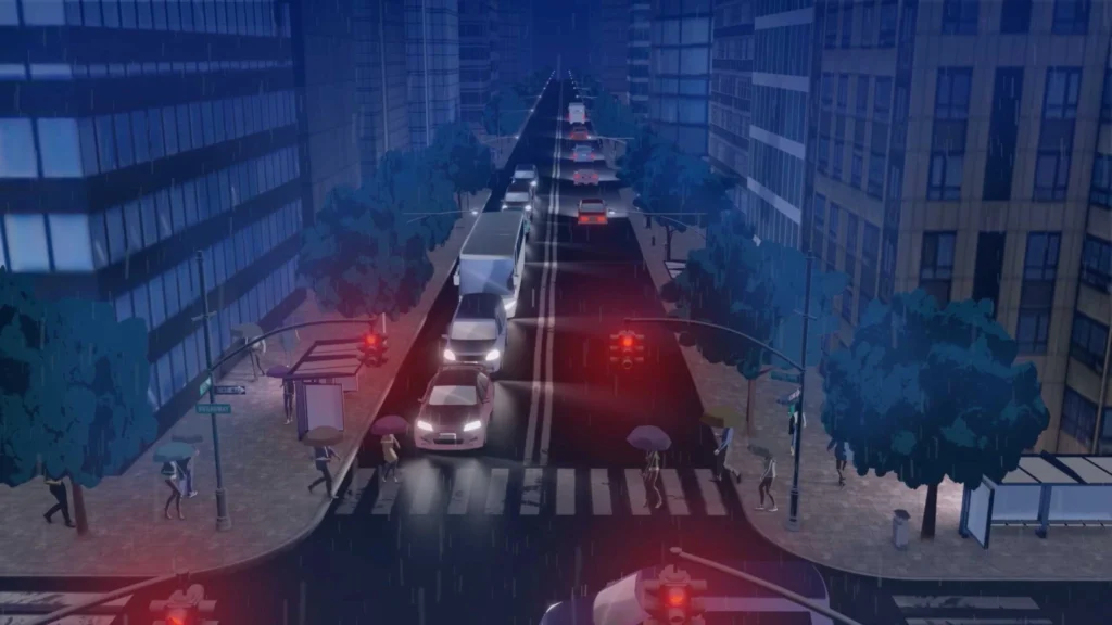 Regen in einer nächtlichen Stadt, Verkehr auf der Straße und Menschen mit Regenschirmen.