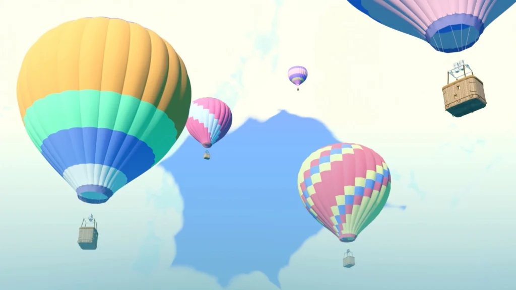 Mehrere bunte Heißluftballons schweben hoch am Himmel.