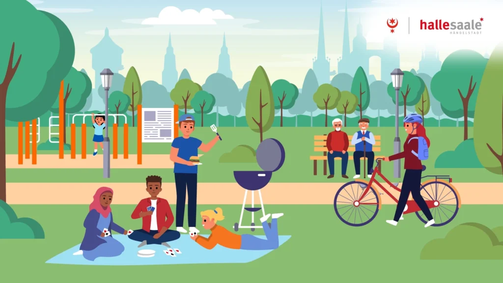 Illustration eines belebten Parks in der Stadt Halle mit verschiedenen Aktivitäten wie Grillen, Fahrradfahren und Kartenspielen.
