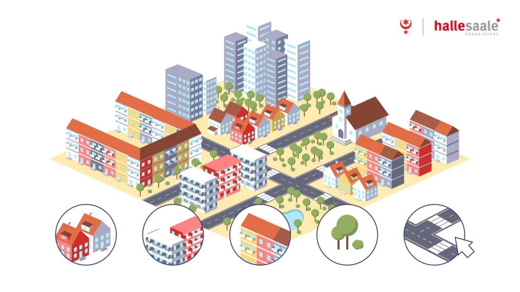 Isometrische Illustration einer Stadtansicht von Halle (Saale) mit Wohnhäusern, Hochhäusern, Kirche und Straßen.