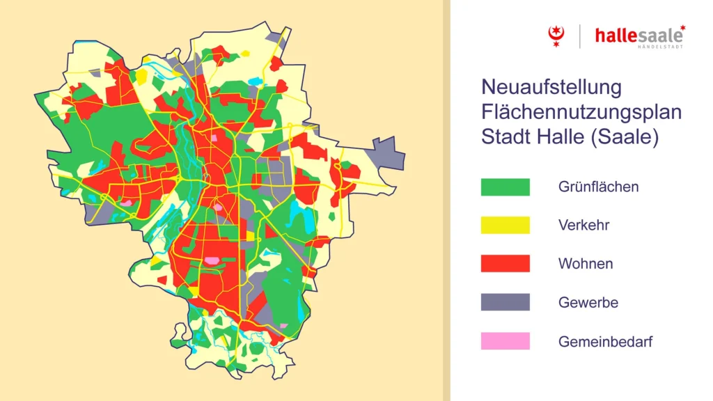 Karte der Stadt Halle (Saale) mit farblich markierten Flächen für Grünflächen, Verkehr, Wohnen, Gewerbe und Gemeinbedarf.