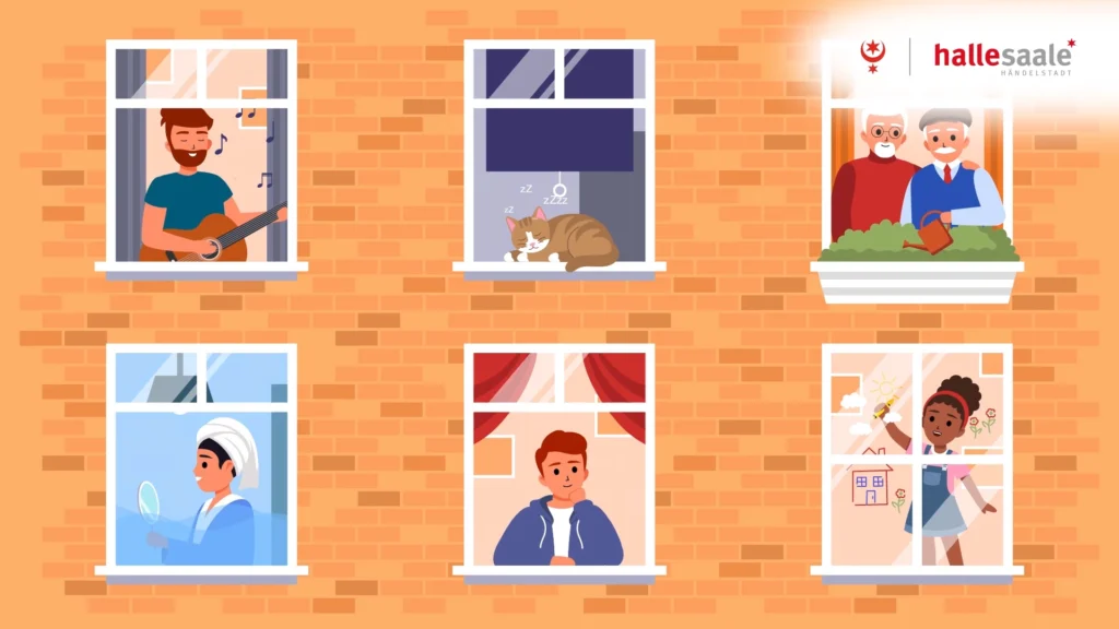 Illustration einer Hausfassade mit Menschen in verschiedenen Fenstern – von Musikspielern über Kinder bis zu einem schlafenden Kätzchen.
