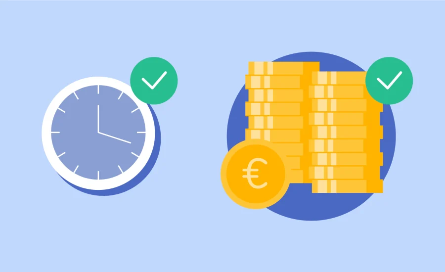 Illustration einer Uhr und eines Stapels Euro-Münzen mit Häkchen-Symbolen.