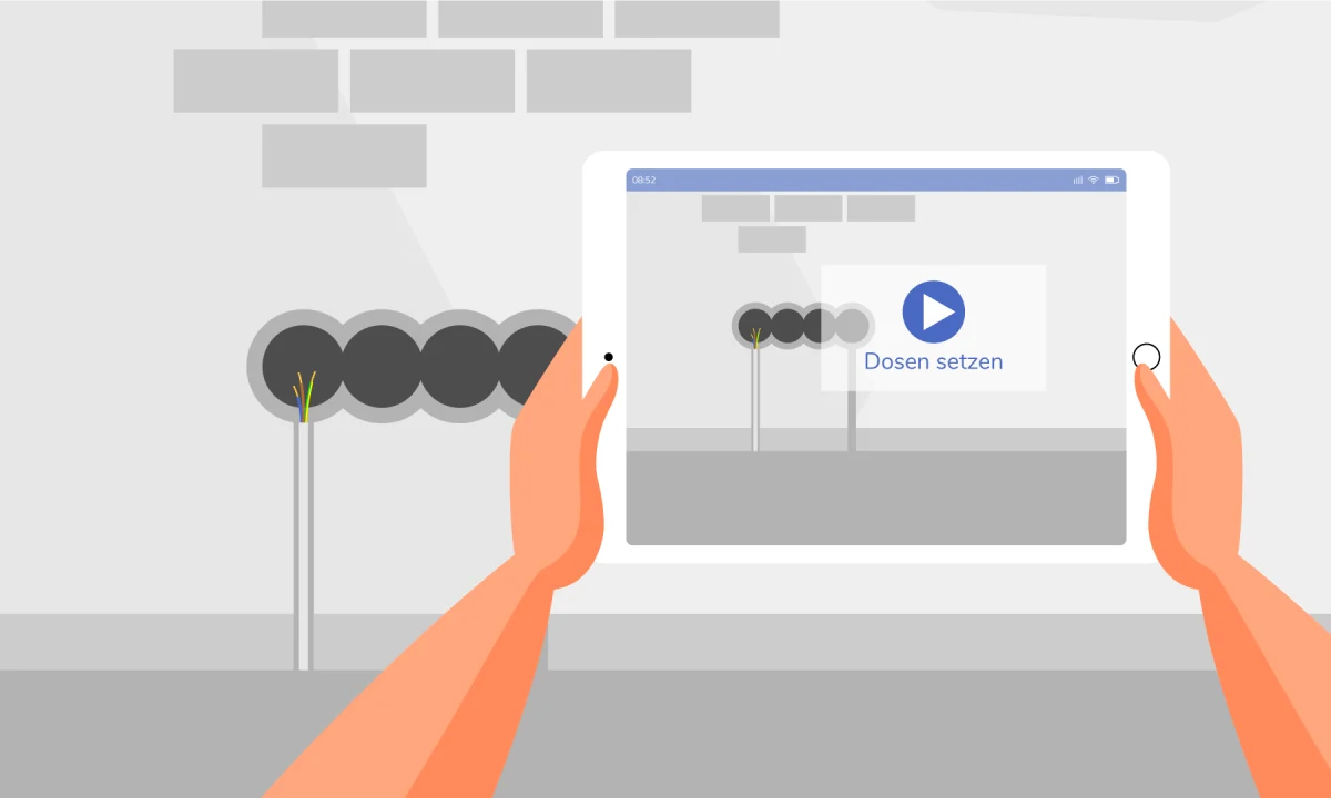 Illustration einer Tablet-Ansicht zur Anleitung ‚Dosen setzen‘ im Kontext einer Elektroinstallation.
