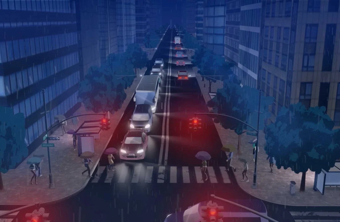 Regen in einer nächtlichen Stadt, Verkehr auf der Straße und Menschen mit Regenschirmen.