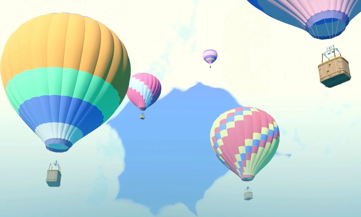 Mehrere bunte Heißluftballons schweben hoch am Himmel.